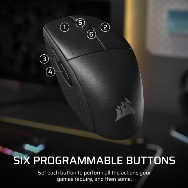 Mouse Gamer Inalámbrico Corsair M55 WIRELESS | Hasta 185 Horas de Batería | Máx. 24000 DPI | Máx. 1000Hz | Sensor Óptico Láser | 85g | 6 Botones Programables | 2.4GHz SLIPSTREAM / Bluetooth | Negro | CH-931F000-WW