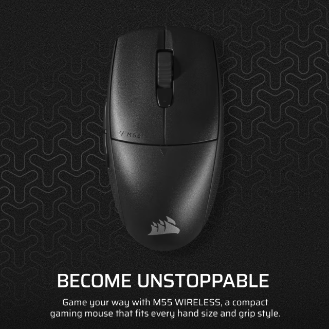 Mouse Gamer Inalámbrico Corsair M55 WIRELESS | Hasta 185 Horas de Batería | Máx. 24000 DPI | Máx. 1000Hz | Sensor Óptico Láser | 85g | 6 Botones Programables | 2.4GHz SLIPSTREAM / Bluetooth | Negro | CH-931F000-WW