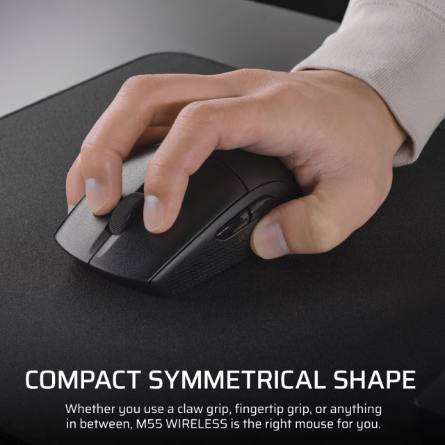Mouse Gamer Inalámbrico Corsair M55 WIRELESS | Hasta 185 Horas de Batería | Máx. 24000 DPI | Máx. 1000Hz | Sensor Óptico Láser | 85g | 6 Botones Programables | 2.4GHz SLIPSTREAM / Bluetooth | Negro | CH-931F000-WW