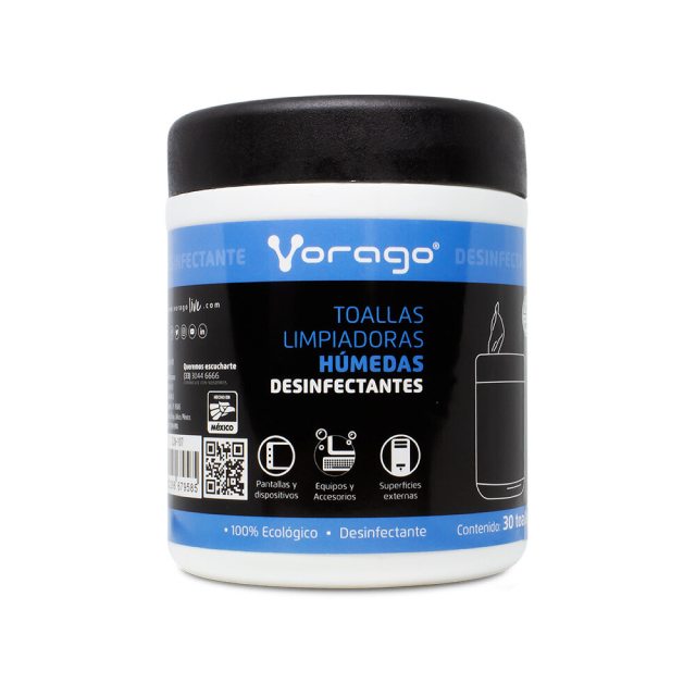 Toallas Húmedas Desinfectantes Vorago CLN-107 | Ideal para Limpieza de Pantallas, Equipos y Superficies | Bote con 30 Piezas | CLN-107