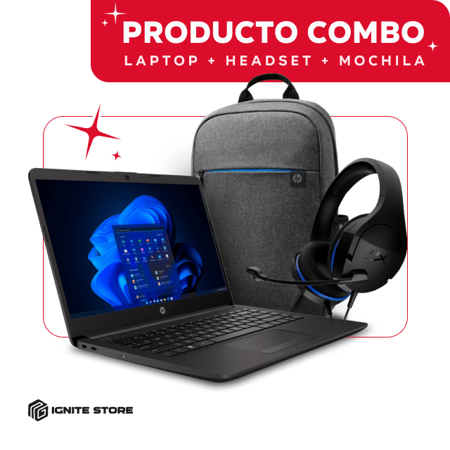 Combo Laptop HP 245 G9 + Audifonos Gamers Hyper X Cloud Stinger Core + Mochila HP Prelude | AMD Ryzen 3 3250U | 8GB | 512GB SSD | Windows 11 Home | Teclado en Español | Color Negro