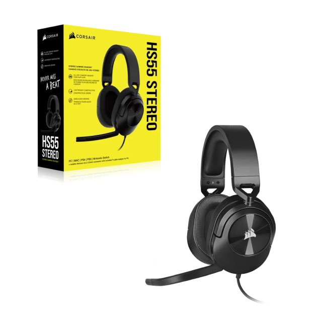 Diadema Corsair HS55 STEREO | Alámbrico | 1.8 Metros | 3.5mm | Micrófono Omnidireccional |  PC, PS4/5, Xbox 1 / X | S | Negro | CA-9011260-NA