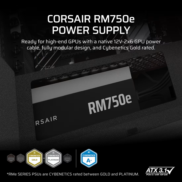 Fuente de Poder Corsair RMe Series RM750e | 750W | 80 PLUS Gold / Cybenetics Gold | Full Modular | 120mm | Compatible con ATX 3.1 y PCIe 5.1 | Negro | CP-9020295-NA