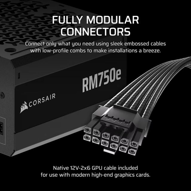 Fuente de Poder Corsair RMe Series RM750e | 750W | 80 PLUS Gold / Cybenetics Gold | Full Modular | 120mm | Compatible con ATX 3.1 y PCIe 5.1 | Negro | CP-9020295-NA