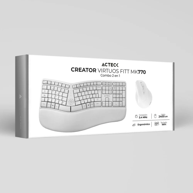 Kit de Teclado y Mouse Ergonómicos Acteck Creator Virtuos Fitt MK770 | Inalámbrico | 2.4 GHz | USB C | Mouse Óptico | Teclado Membrana | Blanco | AC-936255