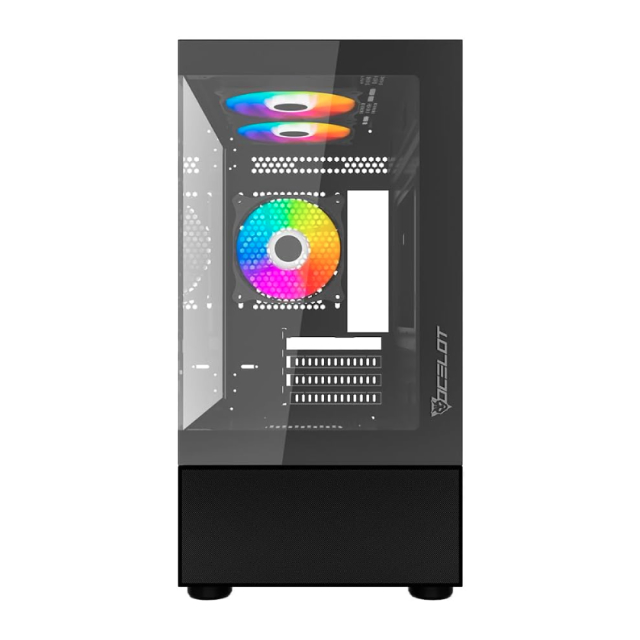 Gabinete Ocelot Gaming GLASS EN6 | Micro Torre | Micro-ATX / Mini-ITX | USB 2.0 / USB 3.0 | Cristal Templado | 3 Ventiladores ARGB Pre-Instalados | Negro | CS-1005