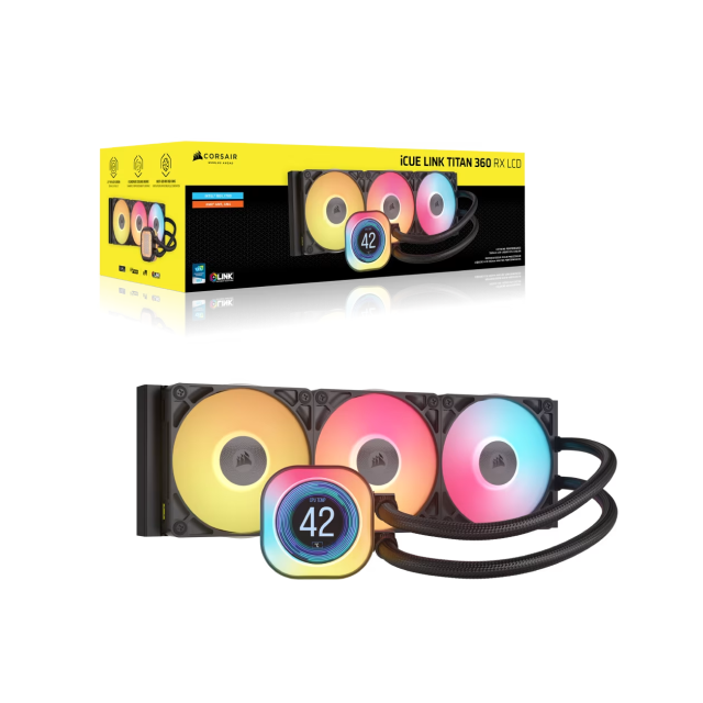 Enfriamiento Líquido Corsair iCUE LINK TITAN 360 RX LCD | 3x120mm |  300 - 2100 RPM |  10 - 36 dBA | Pantalla LCD Personalizable | Intel LGA1851/1700 | AMD AM5/AM4 | Color Negro | CW-9061023-WW