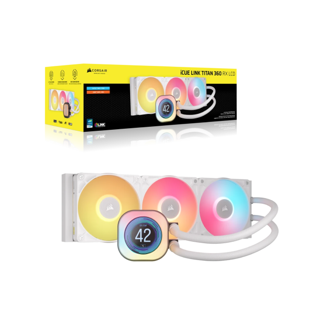 Enfriamiento Líquido Corsair iCUE LINK TITAN 360 RX LCD | 3x120mm |  300 - 2100 RPM |  10 - 36 dBA | Pantalla LCD Personalizable | Intel LGA1851/1700 | AMD AM5/AM4 | Color Blanco | CW-9061026-WW