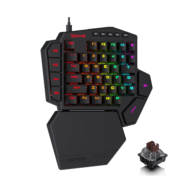 Teclado Mecánico de una Mano Redragon DITI K585 RGB | One-handed / 42 teclas | Switch Redragon Brown | RGB | Reposamuñecas | USB Tipo-C | K585RGB BROWN