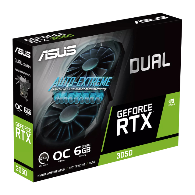 Tarjeta de Video ASUS Dual GeForce RTX 3050 OC Edition | 6GB GDDR6 | PCI Express 4.0 | 96 Bits | Negro | DUAL-RTX3050-O6G