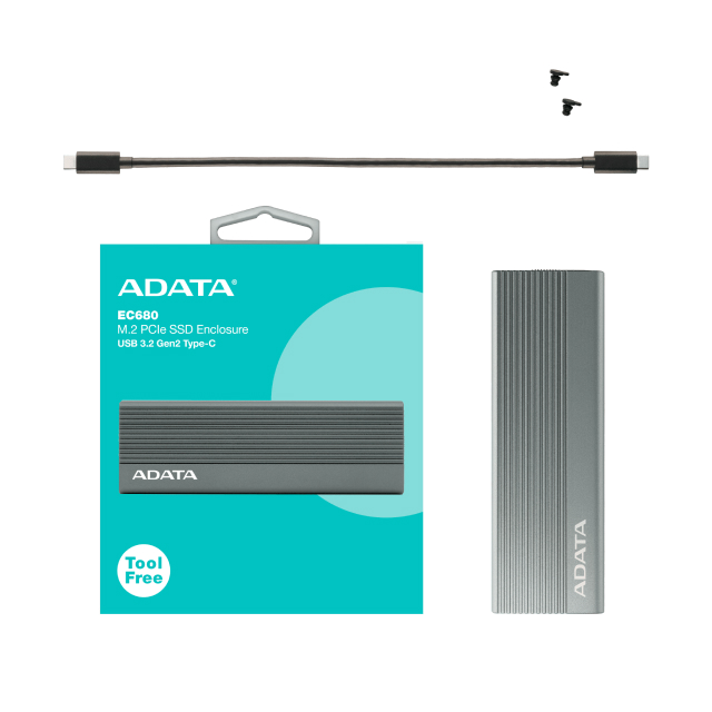 Enclosure ADATA EC680 | Caja para SSD M.2 PCIe NVMe | USB 3.2 | 1050MB/s Lectura | 1000MB/s Escritura | Gris | EC680-CCGY