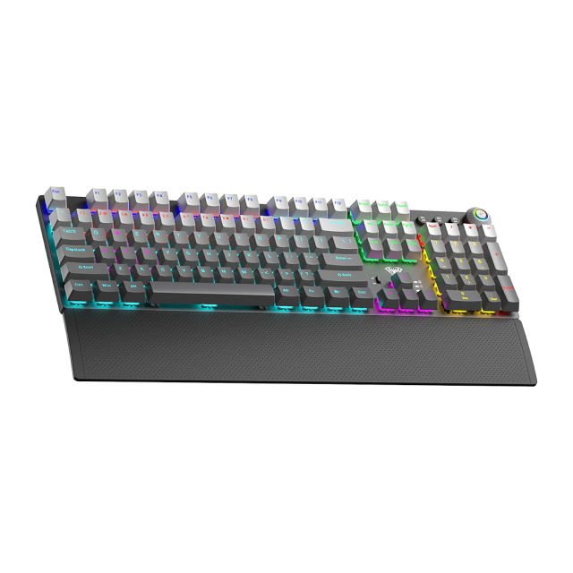 Teclado Mecánico Inalámbrico AULA Wind F2088 AIR | Completo / 100% | Switch Lineal Red | Hot Swap | Reposamuñecas Magnético Incluido | Perilla Multimedia | 2.4 GHz / Bluetooth / USB | Inglés | RGB | Gris | F2088AIR ZONE MIXED LIGHT GRADIENT GRAY RED AXIS