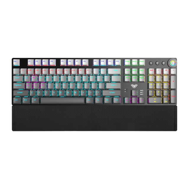 Teclado Mecánico Inalámbrico AULA Wind F2088 AIR | Completo / 100% | Switch Lineal Red | Hot Swap | Reposamuñecas Magnético Incluido | Perilla Multimedia | 2.4 GHz / Bluetooth / USB | Inglés | RGB | Gris | F2088AIR ZONE MIXED LIGHT GRADIENT GRAY RED AXIS