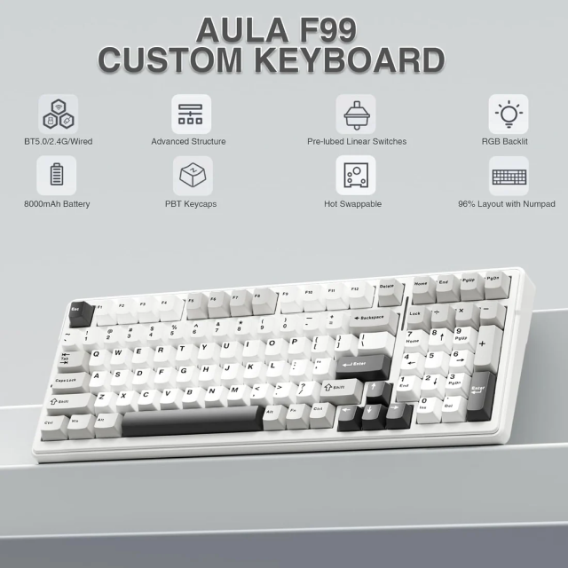 Teclado Mecánico Inalámbrico AULA F99 | 96% | Switch Lineal Graywood V3 | Hot Swap | Gasket Mount | 2.4 GHz / Bluetooth 5.0 / USB | Inglés | RGB | Blanco / Negro | F99 GREY+WHITE+DARK GREY KEYBOARD GRAY WOOD SWITCHV3