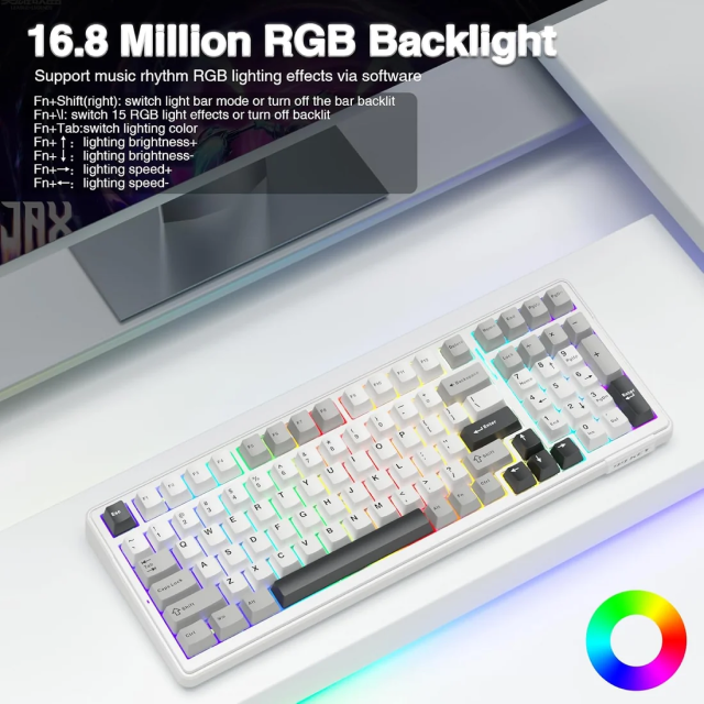 Teclado Mecánico Inalámbrico AULA F99 | 96% | Switch Lineal Graywood V3 | Hot Swap | Gasket Mount | 2.4 GHz / Bluetooth 5.0 / USB | Inglés | RGB | Blanco / Negro | F99 GREY+WHITE+DARK GREY KEYBOARD GRAY WOOD SWITCHV3