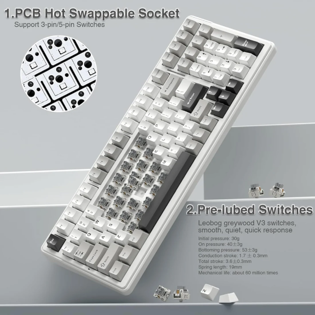 Teclado Mecánico Inalámbrico AULA F99 | 96% | Switch Lineal Graywood V3 | Hot Swap | Gasket Mount | 2.4 GHz / Bluetooth 5.0 / USB | Inglés | RGB | Blanco / Negro | F99 GREY+WHITE+DARK GREY KEYBOARD GRAY WOOD SWITCHV3