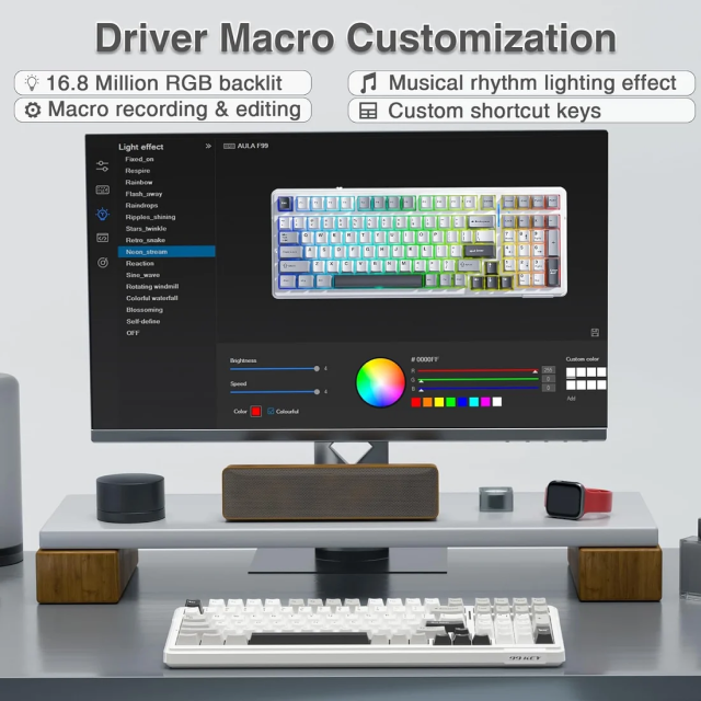 Teclado Mecánico Inalámbrico AULA F99 | 96% | Switch Lineal Graywood V3 | Hot Swap | Gasket Mount | 2.4 GHz / Bluetooth 5.0 / USB | Inglés | RGB | Blanco / Negro | F99 GREY+WHITE+DARK GREY KEYBOARD GRAY WOOD SWITCHV3