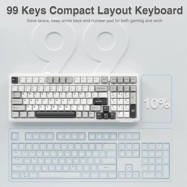 Teclado Mecánico Inalámbrico AULA F99 | 96% | Switch Lineal Graywood V3 | Hot Swap | Gasket Mount | 2.4 GHz / Bluetooth 5.0 / USB | Inglés | RGB | Blanco / Negro | F99 GREY+WHITE+DARK GREY KEYBOARD GRAY WOOD SWITCHV3