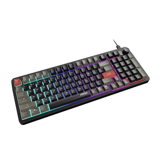 Teclado Gamer de Membrana Alámbrico MSI FORGE GK110 | 96% | Perilla de Volumen | Teclas de Acceso Rápido | Ángulo Ajustable | Inglés | LED RGB | Negro / Gris / Rojo | FORGE GK110 US