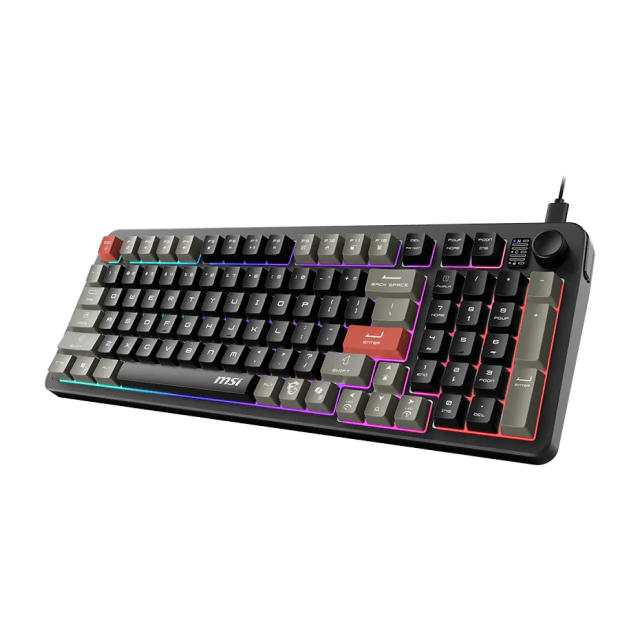Teclado Gamer de Membrana Alámbrico MSI FORGE GK110 | 96% | Perilla de Volumen | Teclas de Acceso Rápido | Ángulo Ajustable | Inglés | LED RGB | Negro / Gris / Rojo | FORGE GK110 US