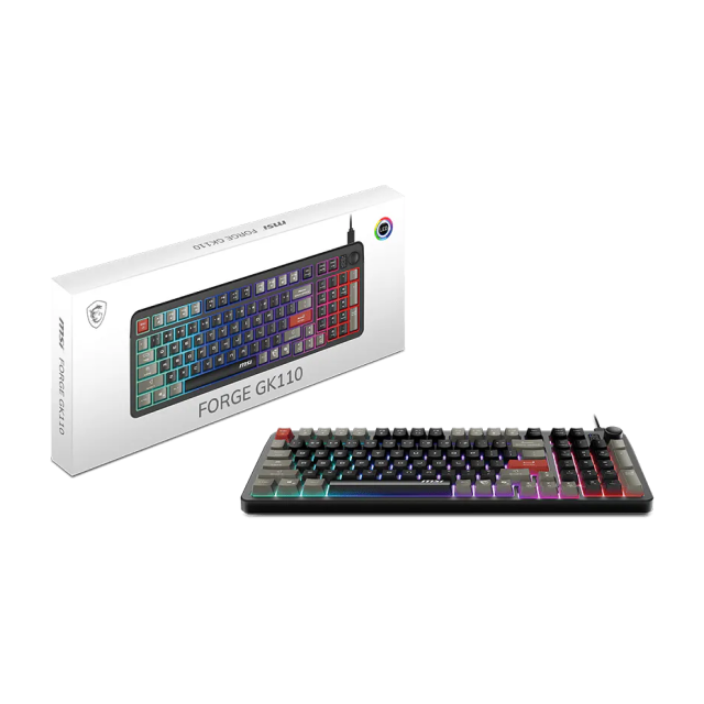 Teclado Gamer de Membrana Alámbrico MSI FORGE GK110 | 96% | Perilla de Volumen | Teclas de Acceso Rápido | Ángulo Ajustable | Inglés | LED RGB | Negro / Gris / Rojo | FORGE GK110 US