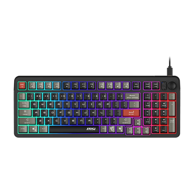 Teclado Gamer de Membrana Alámbrico MSI FORGE GK110 | 96% | Perilla de Volumen | Teclas de Acceso Rápido | Ángulo Ajustable | Inglés | LED RGB | Negro / Gris / Rojo | FORGE GK110 US