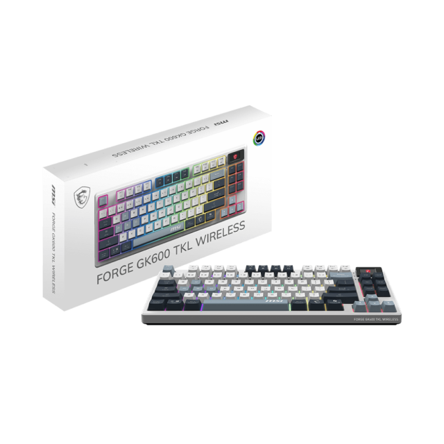 Teclado Mecánico MSI FORGE GK600 TKL W SKY US | Bluetooth / Receptor USB / USB 2.0 | RGB | Display 1.06" | Color Blanco / Gris | Inglés | FORGE GK600 TKL W SKY US