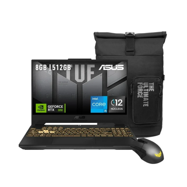 Bundle Laptop Gamer ASUS TUF F15 | 15.6'' FHD (1920x1080) / 144Hz | Intel Core i5-12500H | GeForce RTX 3050 | 8GB RAM DDR4 | 512GB SSD | Windows 11 Home | + Mochila y Mouse TUF Gaming | FX507ZC4-HN108W