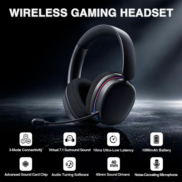 Audífonos Gamer Inalámbricos AULA Wind G7 PRO | Hasta 80 Horas de Batería | Micrófono Removible con Cancelación de Ruido | Drivers 40mm | 2.4GHz / Bluetooth 5.4 / 3.5mm | RGB | Negro | G7 PRO BLACK