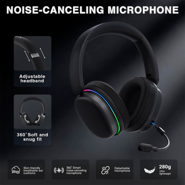 Audífonos Gamer Inalámbricos AULA Wind G7 PRO | Hasta 80 Horas de Batería | Micrófono Removible con Cancelación de Ruido | Drivers 40mm | 2.4GHz / Bluetooth 5.4 / 3.5mm | RGB | Negro | G7 PRO BLACK