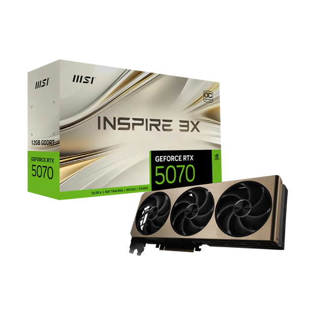 Tarjeta de Video NVIDIA MSI GeForce RTX 5070 12G INSPIRE 3X OC | 12GB GDDR7 | PCI Express 5.0 | 192 Bits | Dorado | GeForce RTX 5070 12G INSPIRE 3X OC