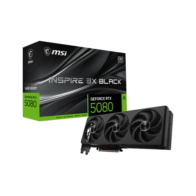 Tarjeta de Video MSI NVIDIA GeForce RTX 5080 INSPIRE 3X OC Black | 16GB GDDR7 | PCIe 5.0 | 256 Bits | 1 x HDMI / 3 x DisplayPort | Negro | GeForce RTX 5080 16G INSPIRE 3X OC BLACK