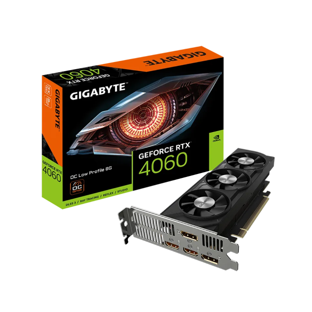 Tarjeta de Video GIGABYTE GeForce RTX 4060 OC Low Profile 8G | 8 GB GDDR6 | 128 bit | PCI-E 4.0 | DisplayPort 1.4a x 2 / HDMI 2.1a x 2 | GV-N4060OC-8GL