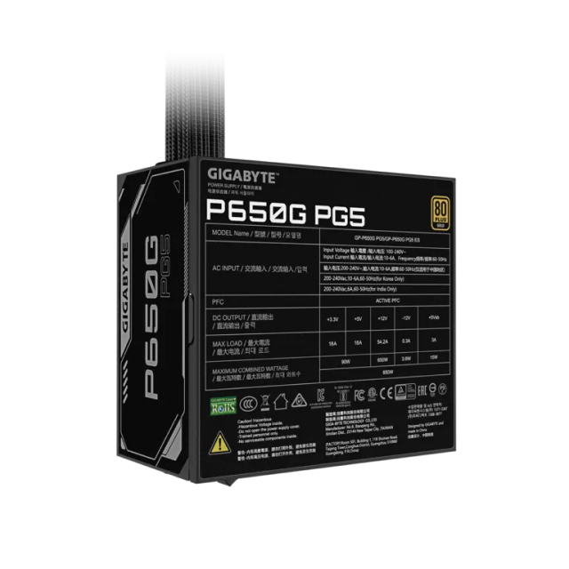 Fuente de Poder Gigabyte P650G PG5 | 650W | 80 PLUS Gold | 24-pin ATX | 120 mm | No Modular | Negro | GP-P650G PG5