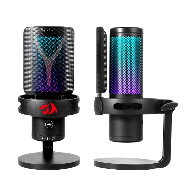 Micrófono de Condensador Redragon GM301 FENRIS | Unidireccional Cardioide | Conexión USB | Incluye Base y Filtro Anti-Pop | Streaming / Podcast | Negro | RGB | GM301