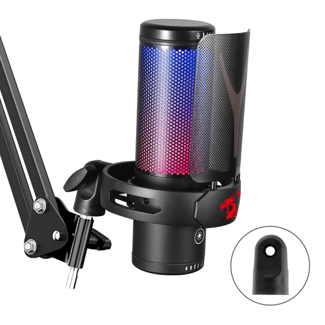 Micrófono de Condensador Redragon GM301 FENRIS | Unidireccional Cardioide | Conexión USB | Incluye Base y Filtro Anti-Pop | Streaming / Podcast | Negro | RGB | GM301