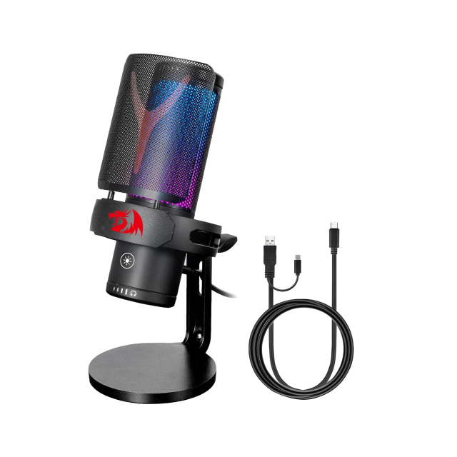 Micrófono de Condensador Redragon GM301 FENRIS | Unidireccional Cardioide | Conexión USB | Incluye Base y Filtro Anti-Pop | Streaming / Podcast | Negro | RGB | GM301