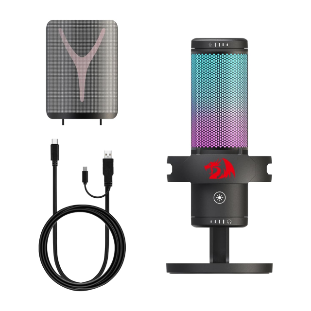 Micrófono de Condensador Redragon GM301 FENRIS | Unidireccional Cardioide | Conexión USB | Incluye Base y Filtro Anti-Pop | Streaming / Podcast | Negro | RGB | GM301