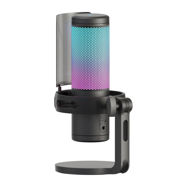 Micrófono de Condensador Redragon GM301 FENRIS | Unidireccional Cardioide | Conexión USB | Incluye Base y Filtro Anti-Pop | Streaming / Podcast | Negro | RGB | GM301