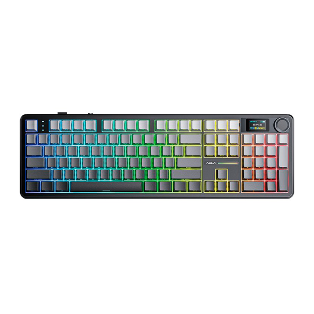 Teclado Mecánico Inalámbrico AULA Wind F108 PRO | Completo / 100% | Switch Lineal Zephyr | Hot Swap | Pantalla LCD | Perilla Multimedia | 2.4 GHz / Bluetooth 5.0 / USB | Inglés | RGB | Gris / Negro | GRADIENT GRAY + ZEPHYR SWITCH V3 F108 PRO