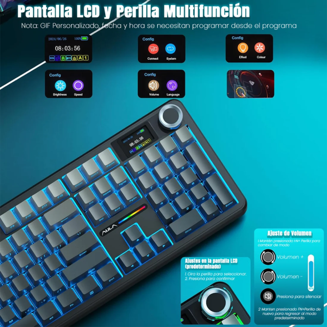 Teclado Mecánico Inalámbrico AULA Wind F108 PRO | Completo / 100% | Switch Lineal Zephyr | Hot Swap | Pantalla LCD | Perilla Multimedia | 2.4 GHz / Bluetooth 5.0 / USB | Inglés | RGB | Gris / Negro | GRADIENT GRAY + ZEPHYR SWITCH V3 F108 PRO