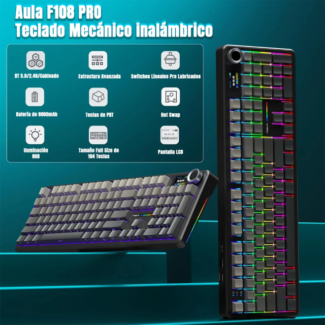 Teclado Mecánico Inalámbrico AULA Wind F108 PRO | Completo / 100% | Switch Lineal Zephyr | Hot Swap | Pantalla LCD | Perilla Multimedia | 2.4 GHz / Bluetooth 5.0 / USB | Inglés | RGB | Gris / Negro | GRADIENT GRAY + ZEPHYR SWITCH V3 F108 PRO