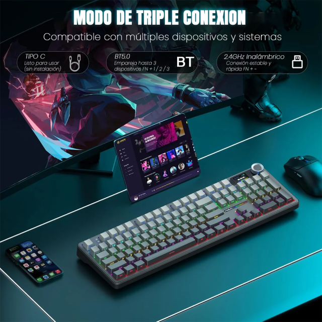 Teclado Mecánico Inalámbrico AULA Wind F108 PRO | Completo / 100% | Switch Lineal Zephyr | Hot Swap | Pantalla LCD | Perilla Multimedia | 2.4 GHz / Bluetooth 5.0 / USB | Inglés | RGB | Gris / Negro | GRADIENT GRAY + ZEPHYR SWITCH V3 F108 PRO