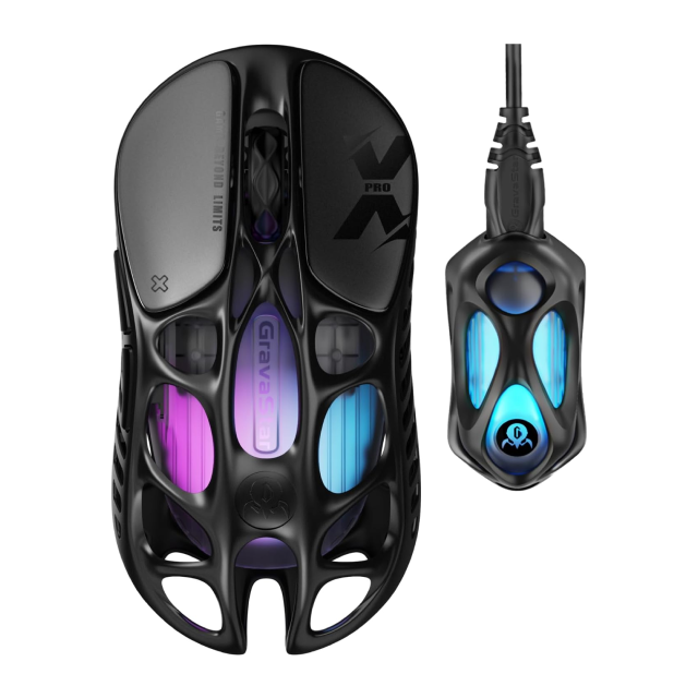 Mouse Gamer Inalámbrico GravaStar Mercury X Pro Wireless | Hasta 113 Horas de Batería | Máx. 32000 DPI | 8000Hz | Sensor Óptico PixArt PAW3950 | 49g | 5 Botones Programables | 2.4GHz / Bluetooth 5.1 / USB-C | RGB GLOWSYNC | Negro | GSXPRO_BLK