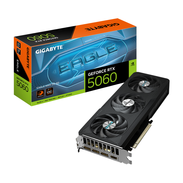 Tarjeta de Video GIGABYTE GeForce RTX 5060 EAGLE MAX OC 8G | 8GB GDDR7 | PCI Express 5.0 | 128 Bits | Negro | GV-N5060 EAGLEMAX OC-8GD