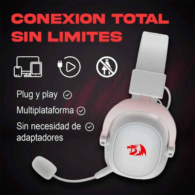 Audífonos Gamer Inalámbricos Redragon Zeus Pro | Micrófono Removible con Filtro Anti Pop | Drivers 53mm | Sonido 7.1 Virtual | 2.4GHz / Bluetooth 5.2 / USB-A | RGB | Blanco | H510W-PRO