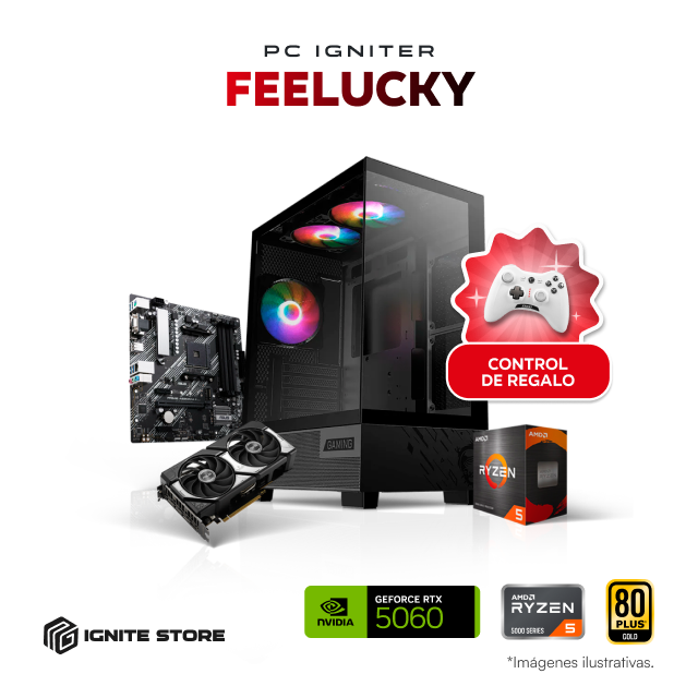 PC Igniter FeeLucky | R5 5500 | RTX 5060 8GB | 16GB de RAM | SSD 500GB + Adaptador Wi-Fi y Bluetooth + Control de Regalo