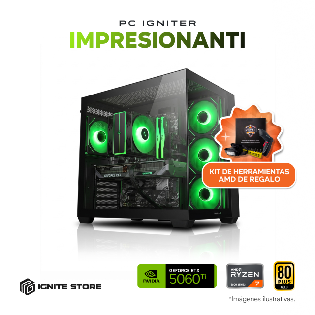 PC Gamer Igniter Impresionanti | AMD Ryzen 7 5700X | NVIDIA GeForce RTX 5060 Ti 16GB | 16GB RAM DDR4 | SSD 1TB + Kit de Herramientas AMD de Regalo