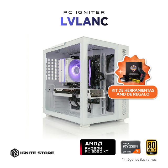 PC Gamer Igniter LVlanc | AMD Ryzen 7 5700X | AMD Radeon RX 9060 XT 8GB | 16GB de RAM | 1TB SSD + Kit de Herramientas AMD de Regalo