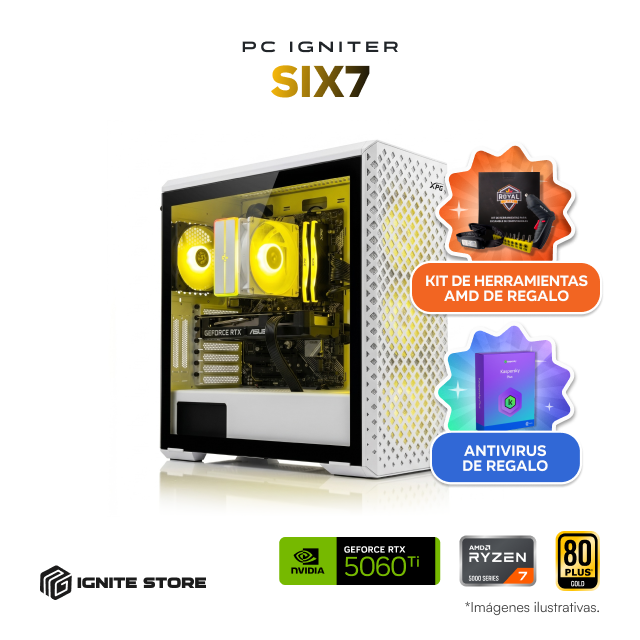 PC Gamer Igniter Six7 | R7 5700X | RTX 5060 TI 16GB | 32GB RAM | SSD 1TB + Kit de Herramientas AMD + Antivirus Kaspersky Plus 1 Año